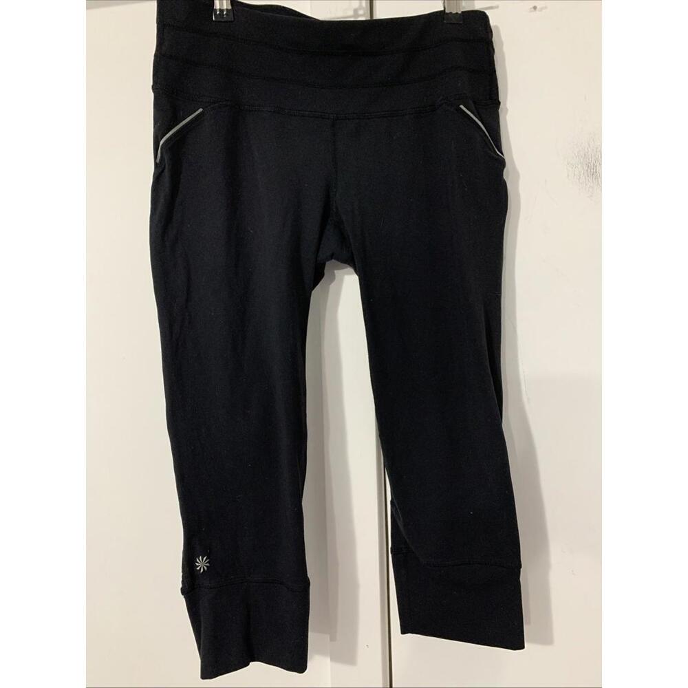 Athleta Women's Medium Crop Leggings Black Gray Trim Run Yoga Athleisure
